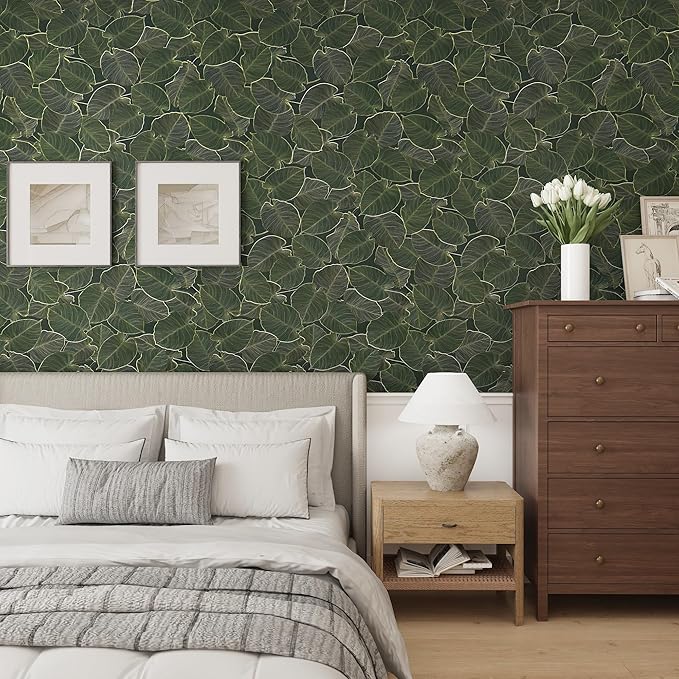 Dark Green Leaf Contact Paper for Cabinets Sage Green Peel and Stick Wallpaper 16x354inch Matte Thick Removable Vinyl Self Adhesive Wall Paper Rolls Waterproof Plant Flower Vinyl Wrap for Shelf Liner