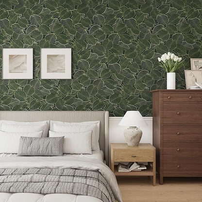 Dark Green Leaf Contact Paper for Cabinets Sage Green Peel and Stick Wallpaper 16x354inch Matte Thick Removable Vinyl Self Adhesive Wall Paper Rolls Waterproof Plant Flower Vinyl Wrap for Shelf Liner