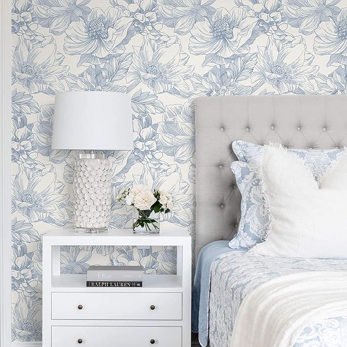 Ismoon Vintage Floral Wallpaper Peel and Stick Beige and Blue Contact Paper 17.3inx6.5ft Removable Self Adhesive Wall Paper for Bathroom Bedroom Cabinet Mural Wall Decor Vinyl Renter Friendly