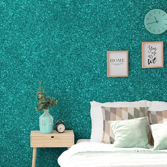 CHIHUT Teal Blue Glitter Wallpaper Stick and Peel for Bedroom Walls 15.7''x236'' Removable Teal Sparkle Wallpaper Decorative Shiny Glitter Contact Paper Self Adhesive Fabric Roll for Drawer Dresser