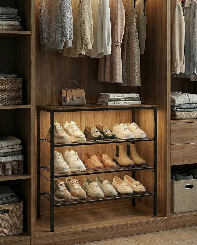 4-Tier Shoe Rack for Entryway, Bedroom & Living Room – Sturdy Shoe Storage Organizer with Adjustable Leveling Feet, Compact Design (26.9”x11.8”x26.1”), Rustic Brown