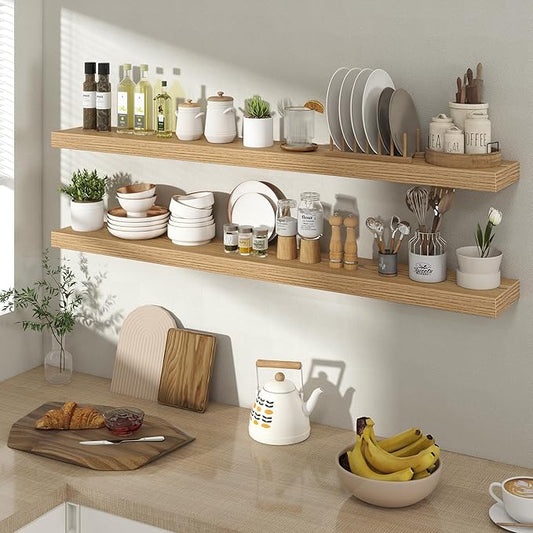 48 Inch Floating Shelves for Wall 2 Pack, 48" Wall Shelves for Books, Storage, Decor, Wall Mounted Floating Shelf with Invisible Brackets for Kitchen, Living Room, Light Brown