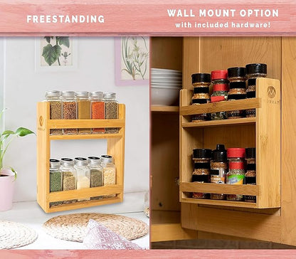 Morvat Bamboo Wooden Spice Jar Rack, 2-Tiered Seasoning Holder Organizer Set with 2 Shelves, Spice Storage Shelf for Kitchen Pantry & Cabinet, Counter or Wall Mount Option with Included Hardware