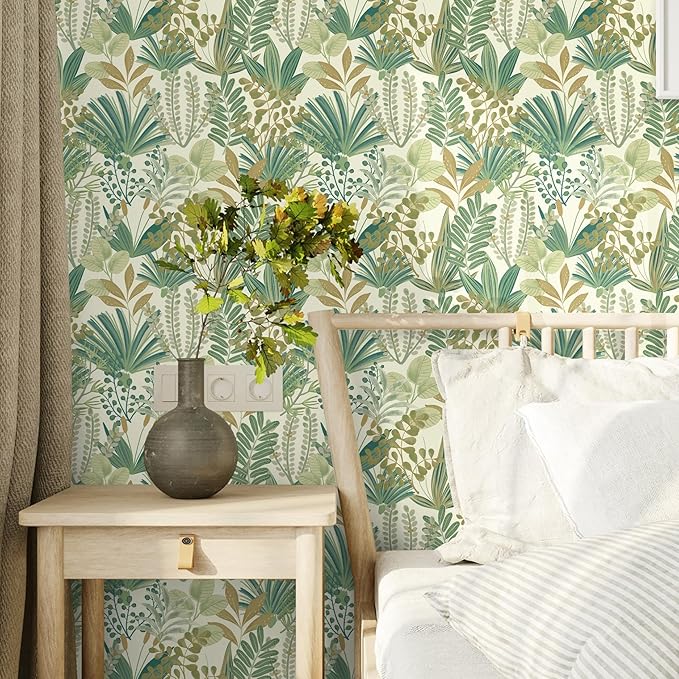 17.3"x393" Green Peel and Stick Wallpaper Jungle Tropical Wallpaper Green Leaf Botanical Contact Paper Self Adhesive Removable Wall Paper for Bedroom Cabinet Drawer Vinyl Roll