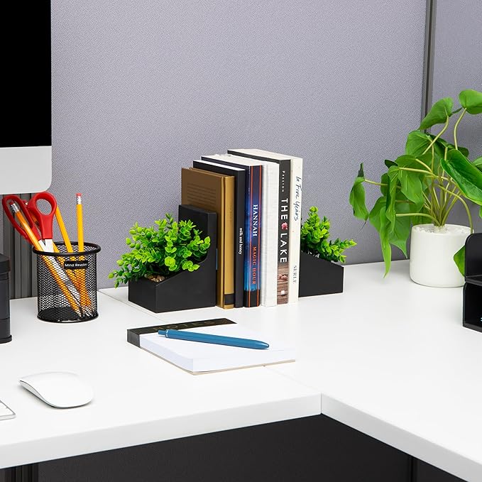 Mind Reader Contemporary Planter Bookends, Book Holders with Faux Greenery, Decorative Desktop or Shelf Organizer, Cement, Set of 2, Black