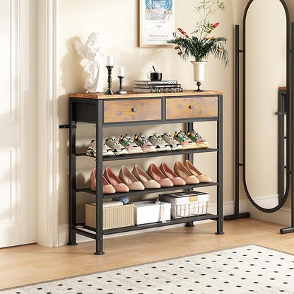 Kitstorack Shoe Rack, 4 Tier Shoe Organizer for 9-12 Pairs of Shoes, with 2 Drawers, 3 Fabric Shelves and Wooden Top, Shoe Rack for Closet Entryway, Rustic Brown