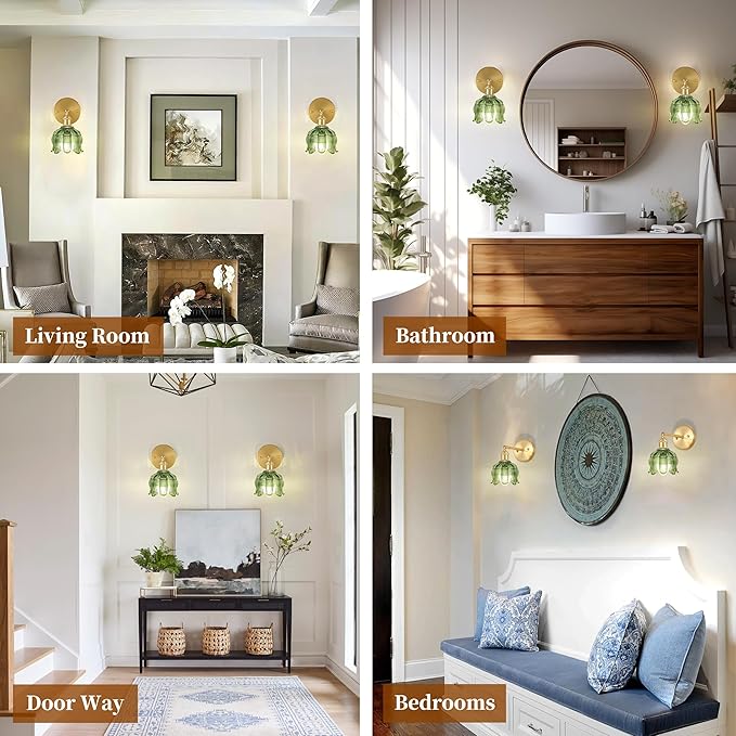 Vintage Battery Wall Sconce with Flower lampshade,Rechargeable Battery Powered Wall Lights,Wall lamp with 15 Colors for Bedroom Living Room Home Decor (Flower Green, 1 Light Battery Operated)
