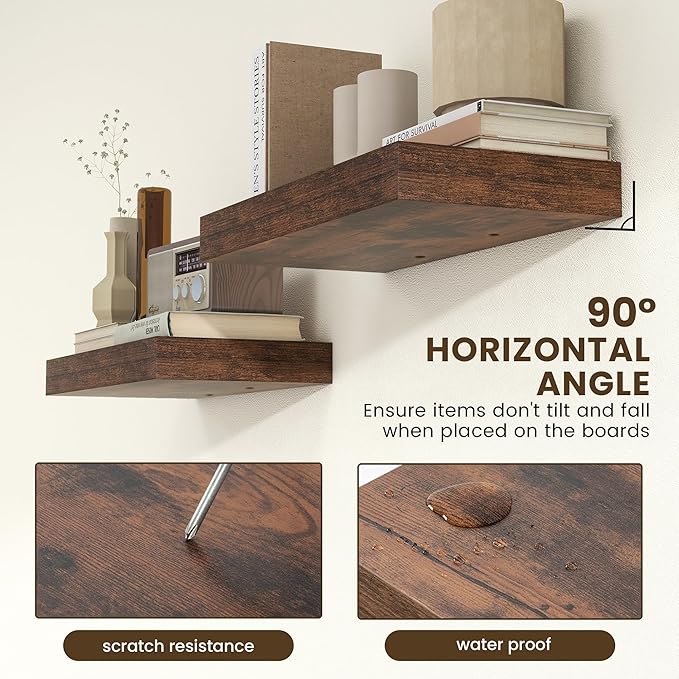 Deep Floating Shelves | 24 Inch Brown Floating Shelves Set of 2 | 12 Inch Deep Rustic Wood Shelves for Wall | 24