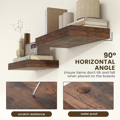 Deep Floating Shelves | 24 Inch Brown Floating Shelves Set of 2 | 12 Inch Deep Rustic Wood Shelves for Wall | 24" W x 12" D Brown Shelves for Living Room Bathroom Laundry Room Kitchen