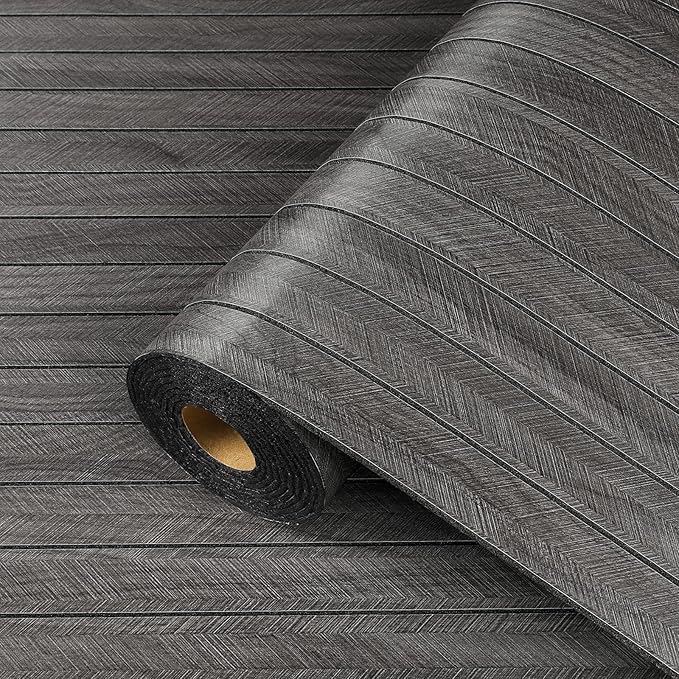 ReWallpaper Peel and Stick Charcoal Black Acoustic Panels Sound Absorbing Slat Wall Paneling Self Adhesive Faux Wood Wall Panels Waterproof Decorative Covering for Bedroom Door Office DIY 12in x 10ft