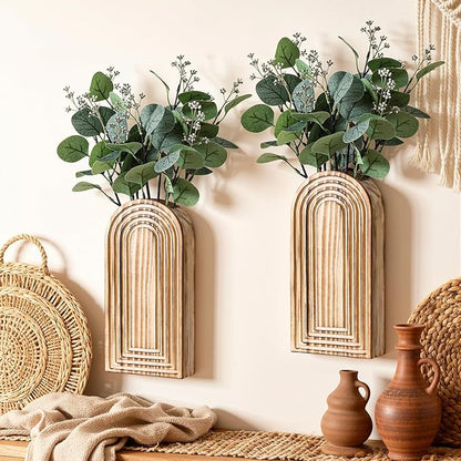 DREAMLOOM 2 Pack Wooden Wall Vases with Fake Plants, Wall Hanging Planters Boho Modern Farmhouse Indoor for Narrow Spaces Entryway Bathroom Home Office Decoration, Black