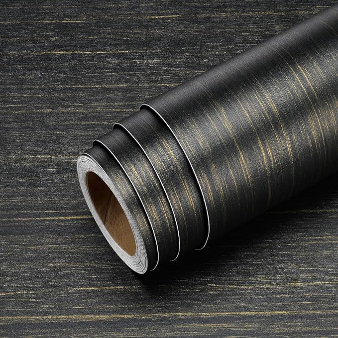 Livelynine 15.8X197 Black and Gold Textured Peel and Stick Wallpaper for Bedroom Walls Kitchen Cabinet Contact Paper Peel and Stick Wall Paper Self Adhesive Mid Century Modern Accent Wall Covering