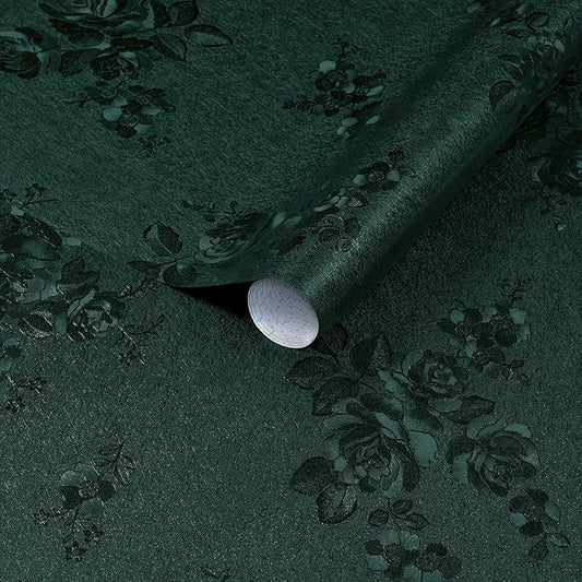 Dimoon 17.7''x236.2''Green Peel and Stick Wallpaper Gothic Floral Wall Paper Contact Paper Closeout Renter Friendly Modern Self Adhesive(236.2''x17.7'', Blackish Green Floral Textured)