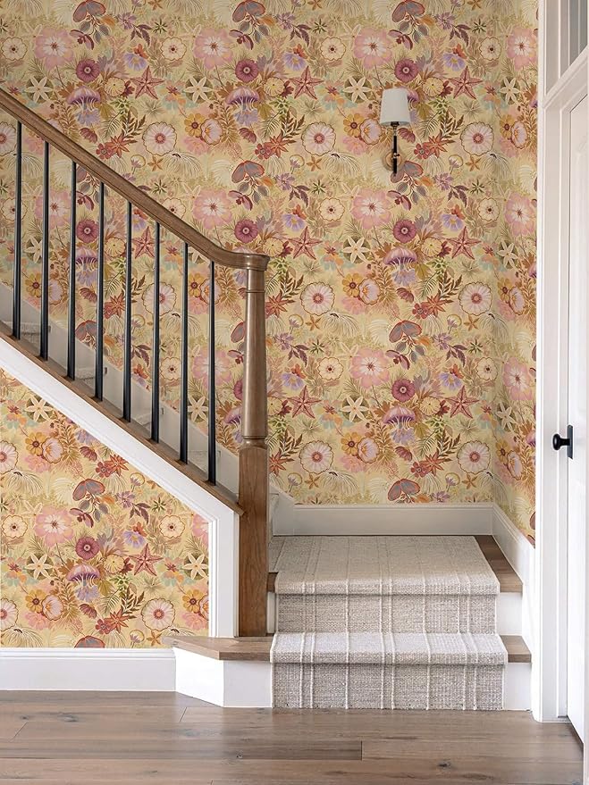 Ismoon Vintage Floral Peel and Stick Wallpaper Deep Beige Contact Paper Jellyfish Starfish Stick on Wall Paper Removable Self Adhesive Vinyl Wallpaper for Bedroom Wall Cabinet Decor 17.3x393in
