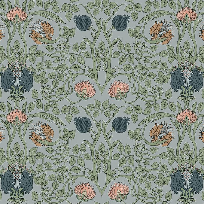 VEELIKE 17.7''x354'' Retro Floral Peel and Stick Wallpaper Vintage Blue Floral Wallpaper for Bedroom Living Room Removable Prepasted William Morris Wallpaper Self Adhesive Contact Paper for Walls
