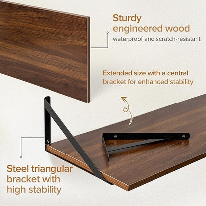 Deep Floating Shelves Wall Mounted, 36"x12" Walnut Wall Shelves with Brackets Set of 2 for Bedroom, Living Room, Bathroom, Kitchen, Office - Storage & Display Shelf for Decor, Books, Plants