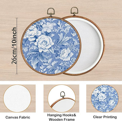 KSDUT Aesthetic Blue Flower Retro Wall Art Decor - Botanical Neutral Mid Century Modern Wall Art Canvas Frame Hanging Prints, Vintage Landscape Round Wall Art Decor for Home Decorations 10"x10"