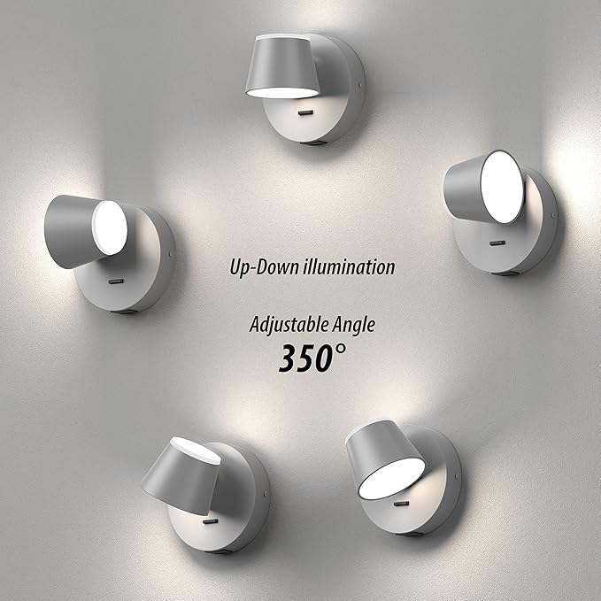URSOLA Wall Light Set of Two, LED Wall Sconce with On/Off Switch USB Charging Port 110 Volt Hardwired Wall Lamp 350 Rotatable Up Down Sconces Wall Lighting (Grey)