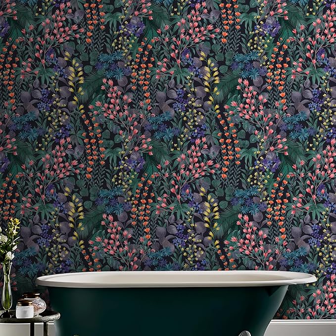 Floral Peel and Stick Wallpaper Boho Wall Paper Removable Waterproof Green/Yellow/Orange Contact Paper for Bedroom, Bathroom,Cabinet,Kitchen,Home Wall 17.3“ x 236.3”