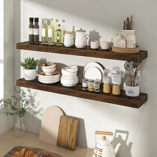 36 Inch Floating Shelves for Wall 2 Pack, 36" Wall Shelves for Books, Storage, Decor, Wall Mounted Floating Shelf with Invisible Brackets for Kitchen, Living Room, Brown