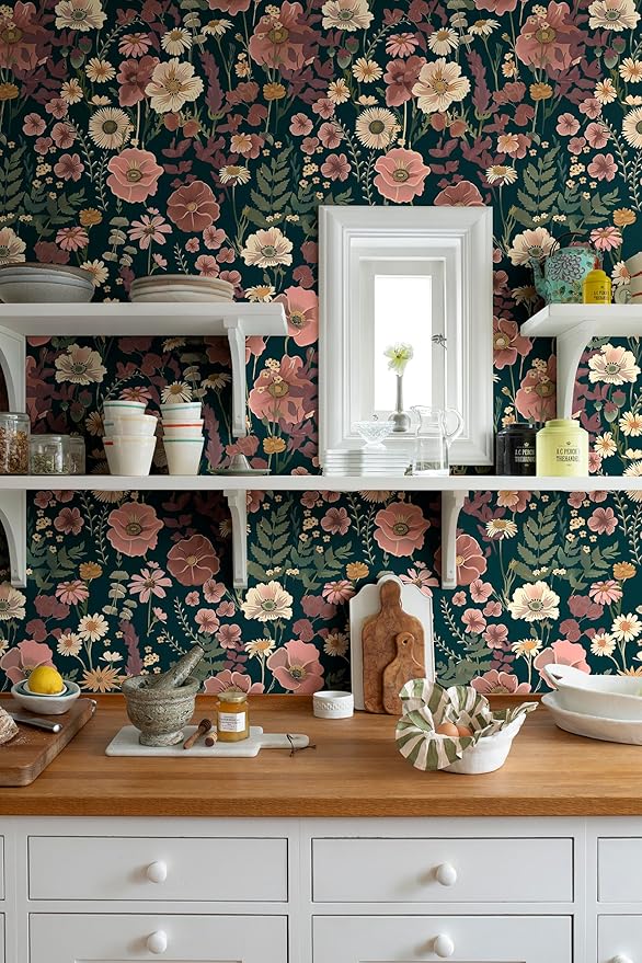 EchoSphere 16.9in x 197in Floral Peel and Stick Wallpaper Boho Vintage Floral Wall Paper Removable Flower and Leaf Contact Paper Self Adhesive Decorative Wallpaper for Cabinets Accent Wall Covering