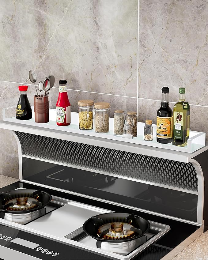 4X Strong Magnetic Stove Top Shelf, Adjustable 15-30 Inches, Fits Various Stove Lengths, Kitchen Organizer, Holds Spices, Condiments and BBQ Sauces (White)