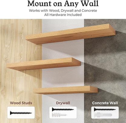 Floating Shelves for Wall, 7.9" Deep Wall Mounted Wood Shelves for Bathroom, Bedroom, Living Room, Kitchen, Hanging Shelf for Books/Storage/Room Decor (Oak, 16")