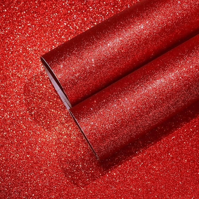 CHIHUT 15.7''x236'' Shiny Red Glitter Wallpaper Stick and Peel for Bedroom Walls Self Adhesive Removable Fabric Glitter Contact Paper for Drawers Decorative Glitter Wall Paper Roll for Gift Dresser