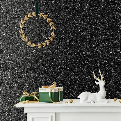 CHIHUT Glitter Black Wallpaper 15.7''x100'' Peel and Stick Wallpaper Self Adhesive Removable Black Glitter Wallpaper Stick and Peel for Bedroom Walls Fabric Contact Paper for Cabinets Drawer Dresser