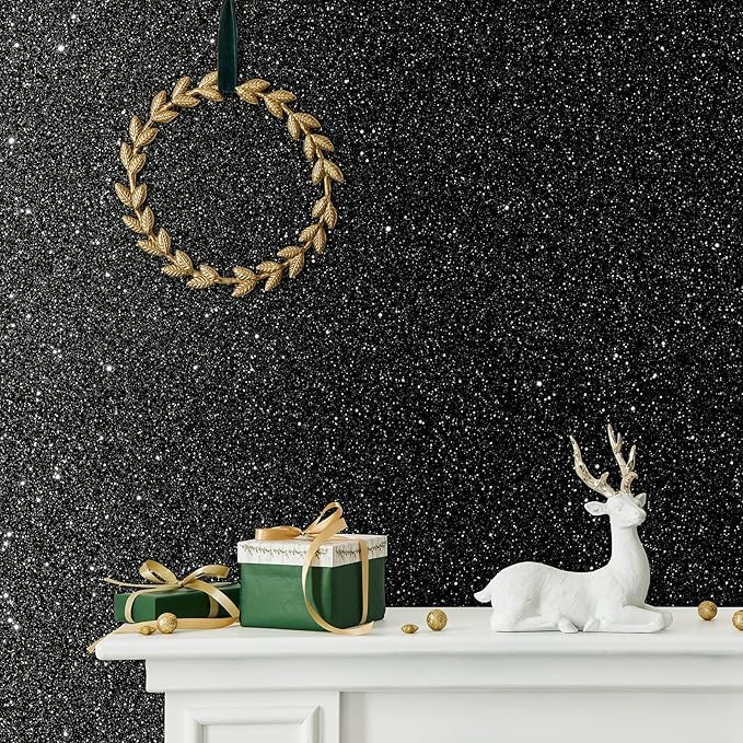 CHIHUT Black Glitter Contact Paper 15.7''x236'' Self Adhesive Black Glitter Wallpaper Roll Removable Glitter Fabric Wall Paper Sparkle Peel and Stick Wallpaper Decorative for Bedroom Accent Walls