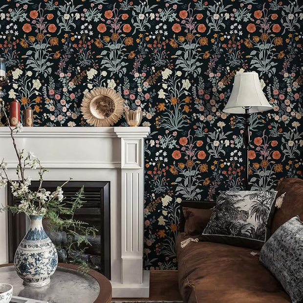 Floral Peel and Stick Wallpaper Vintage Wallpaper Dark Blue Wall Paper Wildflower Contact Paper for Cabinets Vinyl Renter Friendly Waterproof Self-Adhesive Bathroom Kitchen Bedroom 78.7"×17.3"