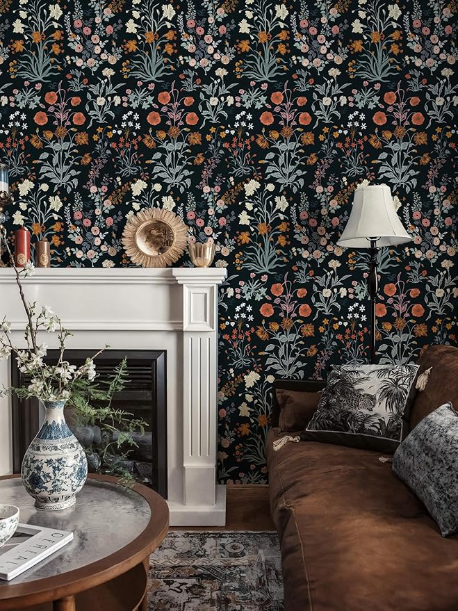 Floral Peel and Stick Wallpaper Vintage Wallpaper Dark Blue Wall Paper Wildflower Contact Paper for Cabinets Vinyl Renter Friendly Waterproof Self-Adhesive Bathroom Kitchen Bedroom 393
