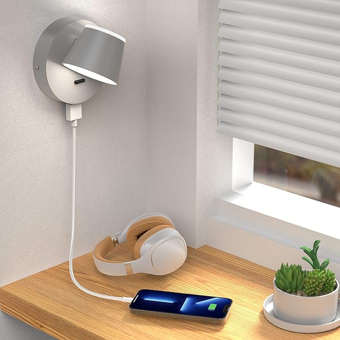 URSOLA Wall Light Set of Two, LED Wall Sconce with On/Off Switch USB Charging Port 110 Volt Hardwired Wall Lamp 350 Rotatable Up Down Sconces Wall Lighting (Grey)