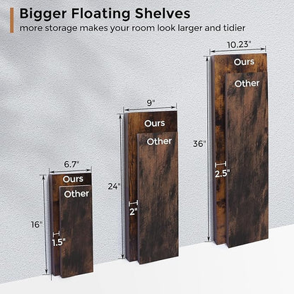 Fun Memories Floating Shelves - 16 Inch Rustic Brown Wall Shelf - Wall Mounted Shelves for Wall Decor Storage - Wooden Shelves with Invisible Brackets for Living Room, Bedroom, Kitchen, 2 Pack