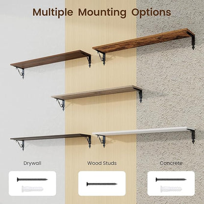 RICHFOCUS Floating Shelves for Wall Decor, 39.4W x 8D Shelves Set of 2, 8 Inch Deep Rustic Wood Shelves Wall Mounted with Brackets, Long Floating Shelves for Living Room Bedroom Kitchen, Walnut