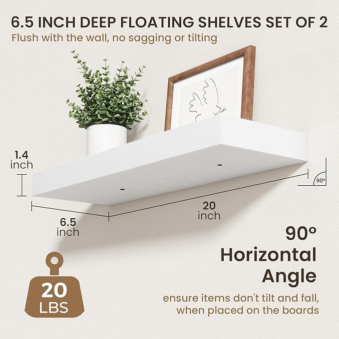 20 Inch Floating Shelves | 6.5 Inch Deep White Floating Shelves Set of 2 | 20" W x 6.5" D Rustic White Wood Wall Shelves with Invisible Brackets for Bathroom Living Room Bedroom