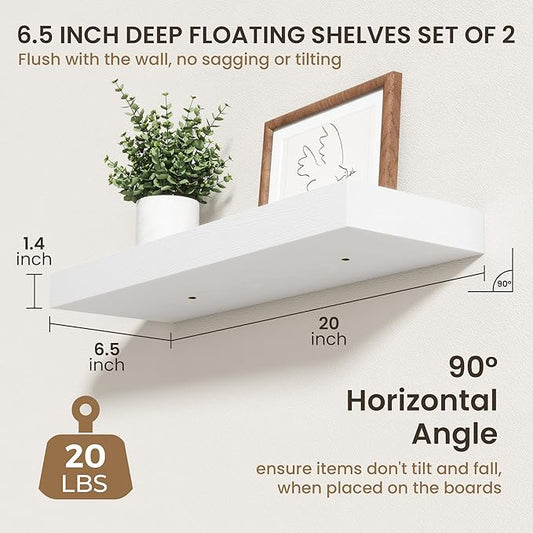 20 Inch Floating Shelves | 6.5 Inch Deep White Floating Shelves Set of 2 | 20" W x 6.5" D Rustic White Wood Wall Shelves with Invisible Brackets for Bathroom Living Room Bedroom
