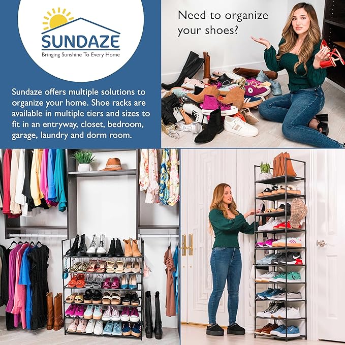 Sundaze Shoe Rack - 3 Tier Shoe Rack for Front Door Entrance, Sturdy Long Shoe Organizer for Closet, Bedroom, Entryway, Garage, Non Woven Fabric Shelf, Black, Holds Up to 15 Pairs