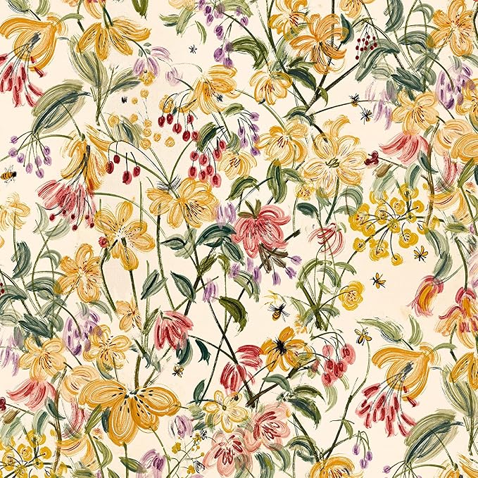 Floral Wallpaper Peel and Stick Boho Wall Paper Removable Waterproof Yellow/Green/Red Contact Paper for Bedroom, Bathroom, Home Wall 17.3" x 118"
