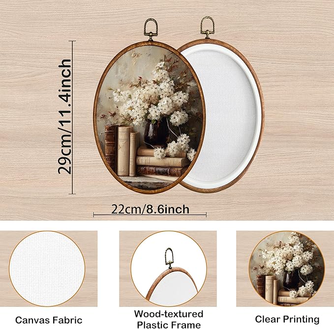 KSDUT Retro Flower Book Wall Art Decor - Neutral Mid Century Modern Wall Art Canvas Frame Hanging Prints, Vintage Dark Academia Floral Oval Artwork Decor for Gallery Home Decorations 8.6"x11.4"