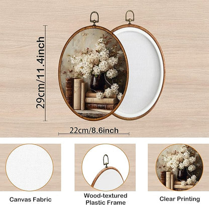 KSDUT Retro Flower Book Wall Art Decor - Neutral Mid Century Modern Wall Art Canvas Frame Hanging Prints, Vintage Dark Academia Floral Oval Artwork Decor for Gallery Home Decorations 8.6"x11.4"
