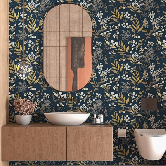 Dark Blue Leaf Wallpaper Peel and Stick Dark Floral Wallpaper for Bedroom Vintage Leaf Contact Paper Waterproof Self Adhesive Boho Floral Wall Paper for Bedroom Walls Countertop 17.5in x 393in
