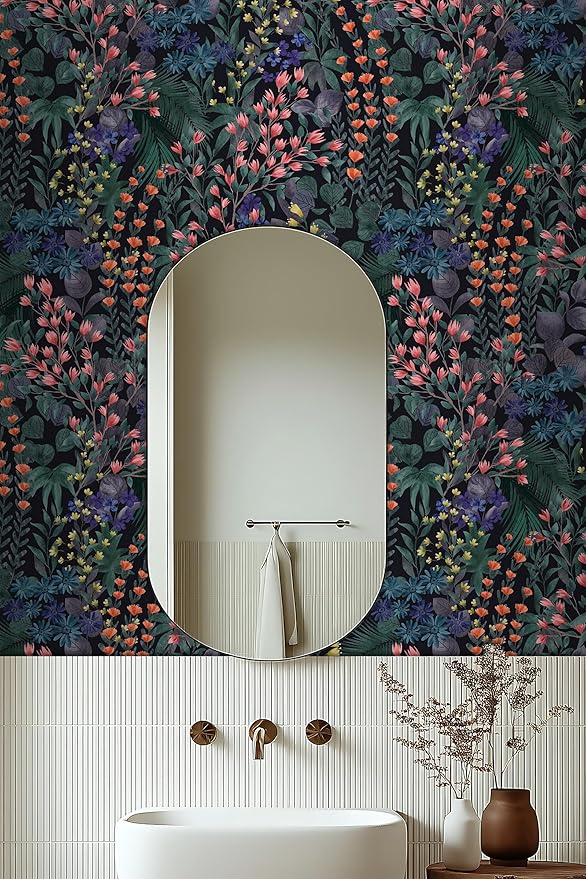 Floral Peel and Stick Wallpaper Boho Wall Paper Removable Waterproof Green/Yellow/Orange Contact Paper for Bedroom, Bathroom,Cabinet,Kitchen,Home Wall 17.3“ x 118”