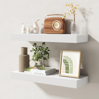 20 Inch Floating Shelves | 6.5 Inch Deep White Floating Shelves Set of 2 | 20" W x 6.5" D Rustic White Wood Wall Shelves with Invisible Brackets for Bathroom Living Room Bedroom