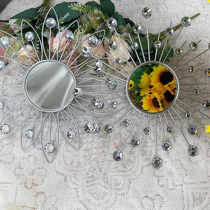 Uaussi 3 Pack Crystal Sunburst Wall Mirror Décor Rhinestone Mirrors Decorative Home Wall Art for Living Room Bedroom Entryway(Flower+Sunburst Silver)