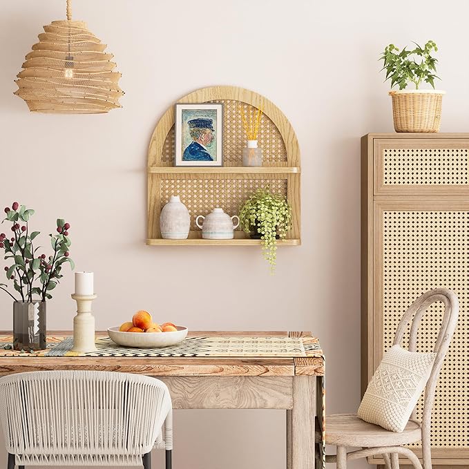 Wood Boho Rattan Wall Shelf - 2-Tier Arched Wicker Floating Shelf Natural Wood New Boho Shelf, Rustic Farmhouse Nursery Decor Shelves Wall Mounted, Neutral Handcrafted (16''l Natural Color)