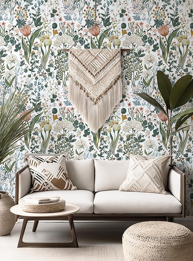 Peel and Stick Wallpaper Vintage Wall Paper White Floral Contact Paper Removable Wallpaper 17.3