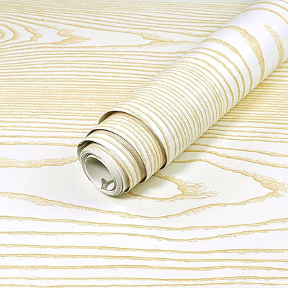 Yun-aeon Beige and Gold Wood Contact Paper 17.3"x80" Rustic Wooden Peel and Stick Wallpaper Removable Self-Adhesive Wallpaper Wood Grain Contact Paper for Countertops Cabinets