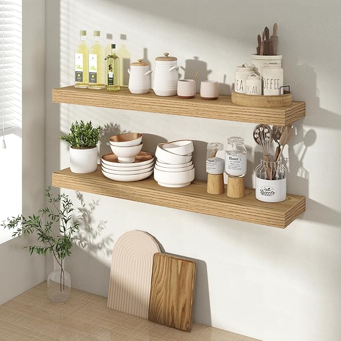 30 Inch Floating Shelves for Wall 2 Pack, 30" Wall Shelves for Books, Storage, Decor, Wall Mounted Floating Shelf with Invisible Brackets for Kitchen, Living Room, Light Brown