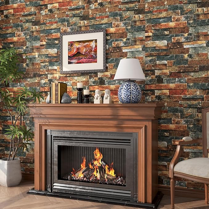FunStick 15.8"x240" Retro Brick Peel and Stick Wallpaper Textured 3D Brown Red Blue Brick Contact Paper Peel and Stick Self Adhesive Wallpaper for Bathroom Kitchen Wall Panel Decor Cabinets Waterproof